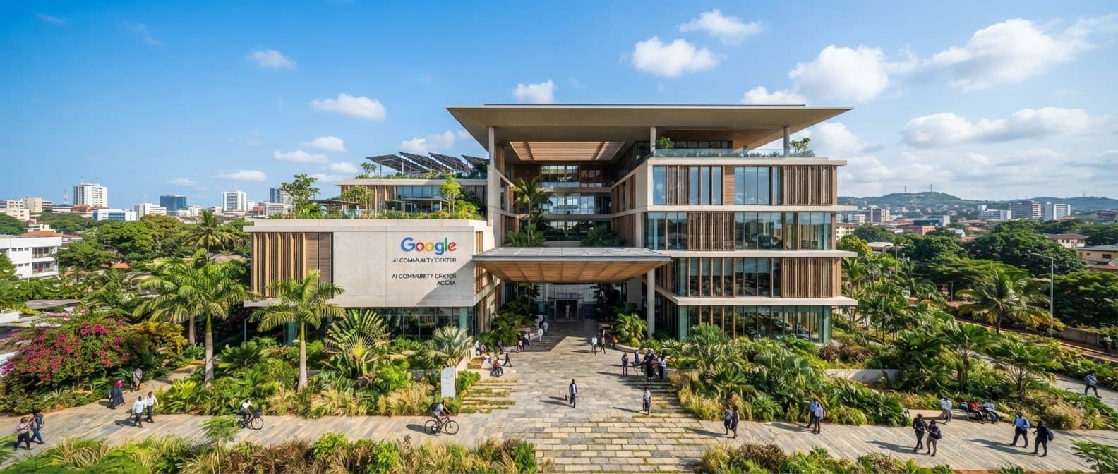A modern conference building surrounded by greenery