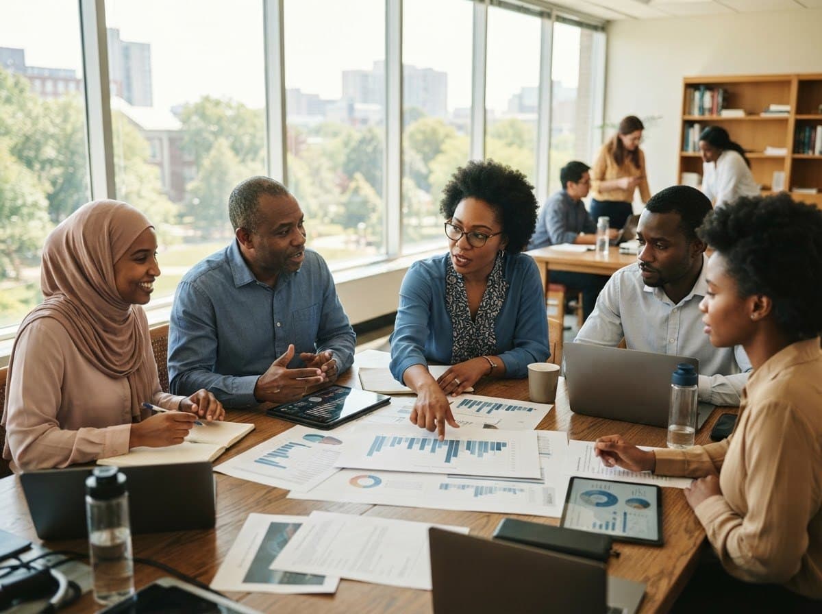 Researchers discussing work around a table